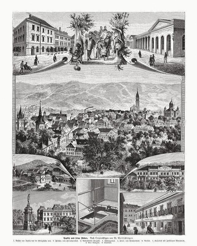 Teplice (Teplitz)，捷克共和国，木版画，出版于1885年